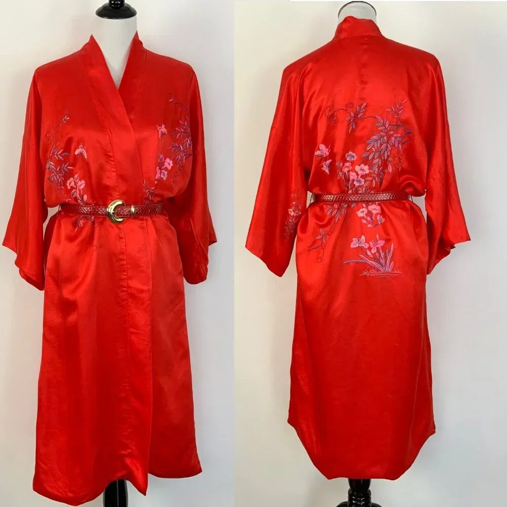 Vintage 50s - 60s Silk Layered Red Embroidered Kimono Robe Sz M - Picture 8 of 16